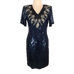 Jewel Queen Sequin Sheath Dress Knee Length V Neck Size Medium Vintage